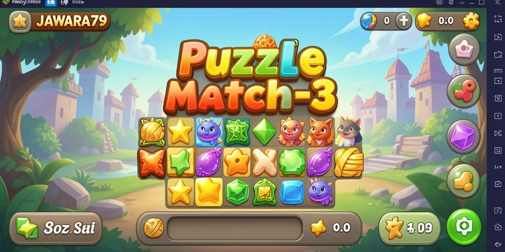 Antarmuka JAWARA79 menampilkan gameplay seru Puzzle Match-3.
