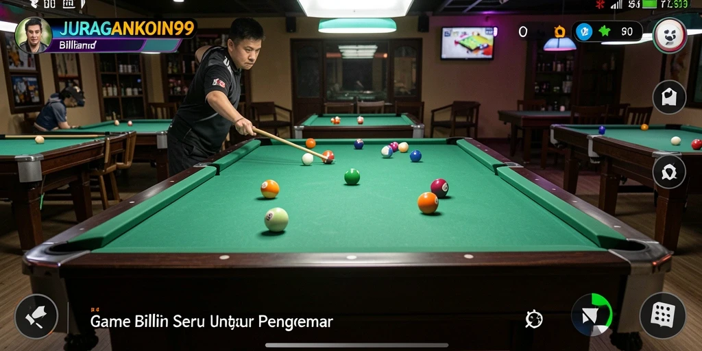 Tampilan antarmuka JURAGANKOIN99 yang menarik saat bermain billiard.